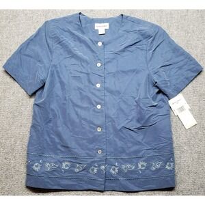 Alfred Dunner Top Womens Size 14 Sapphire Blue Floral Button Up Short Sleeve New